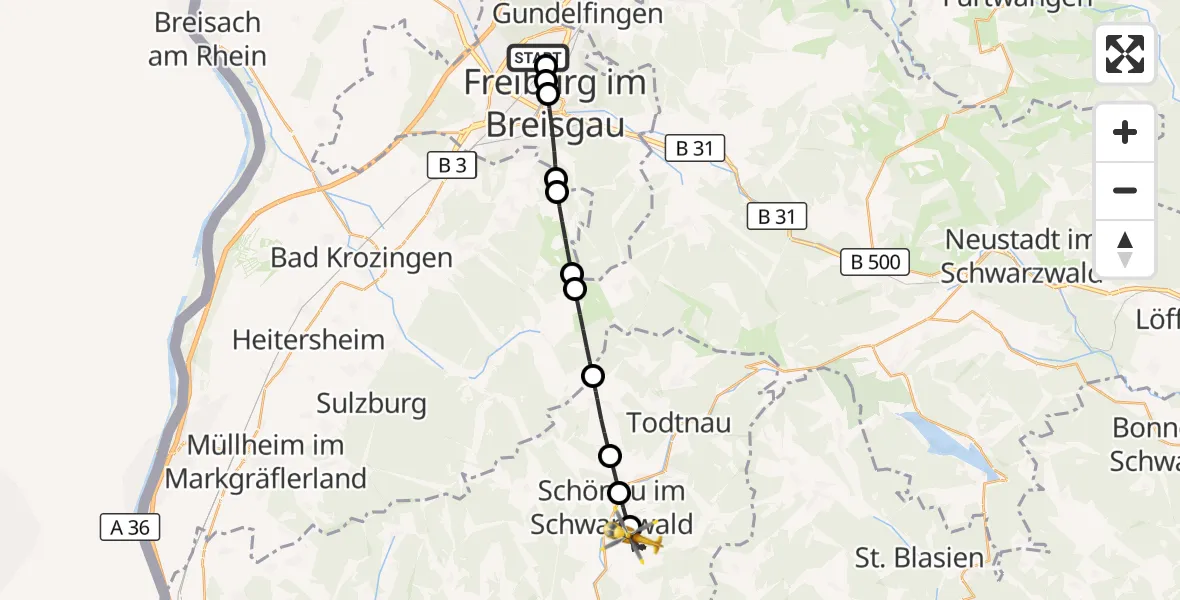 Flugroute Ambulanzhubschrauber Freiburg im Breisgau Flugplatz - Fröhnd, 23 August 2026, 12:18