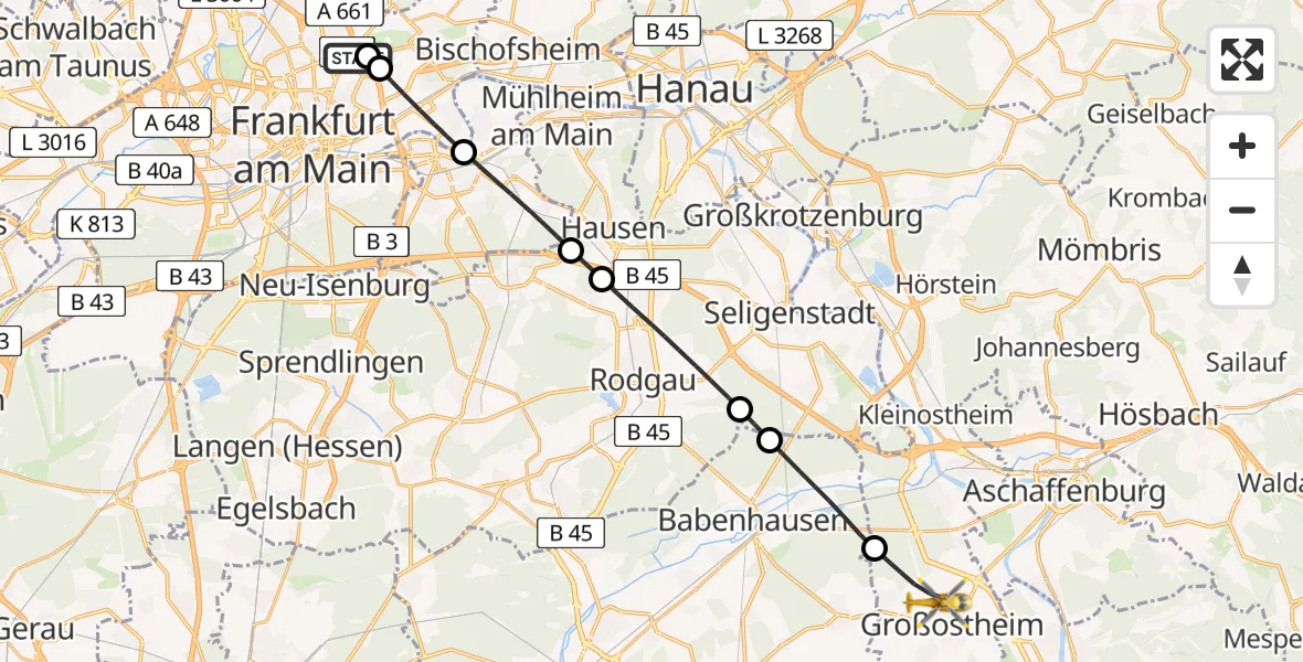 Flugroute Rettungshubschrauber Frankfurt am Main Accident Hospital Roof Helipad (CHX2) - Großostheim, 23 August 2026, 12:19