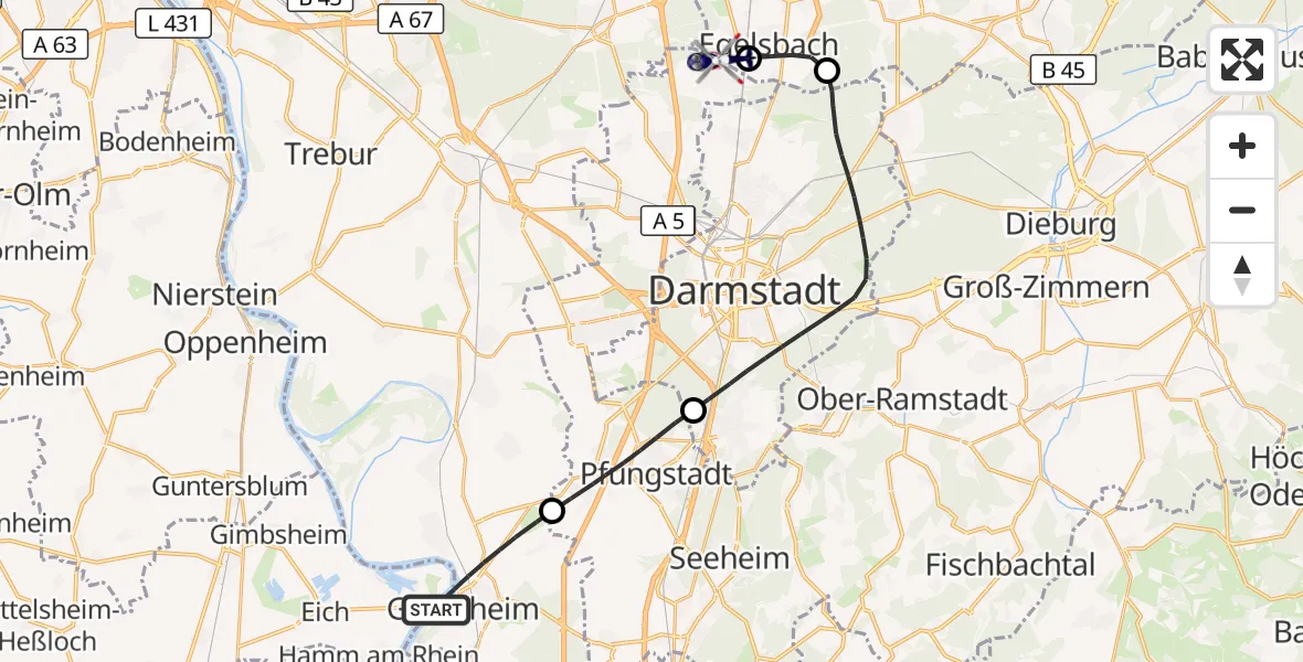 Flugroute Polizeihubschrauber Gernsheim - Flughafen Frankfurt-Egelsbach, 23 August 2026, 12:21