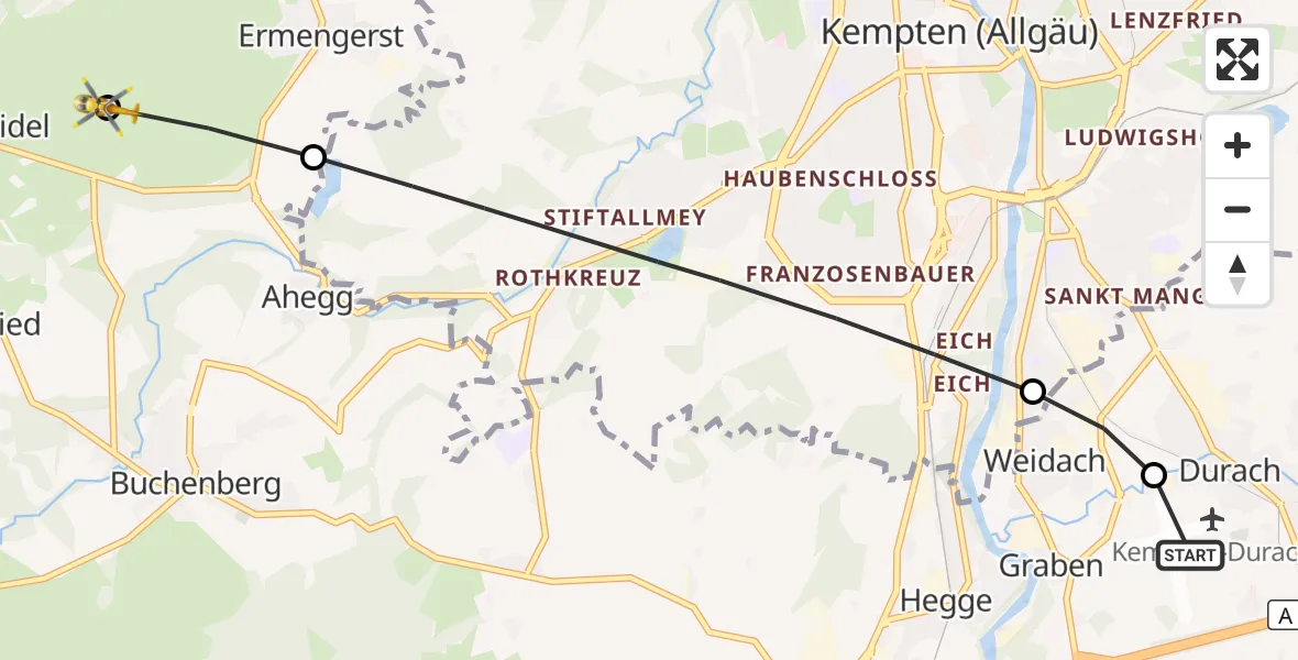 Flugroute Rettungshubschrauber Kempten-Durach Flugplatz - Buchenberg, 23 August 2026, 12:27