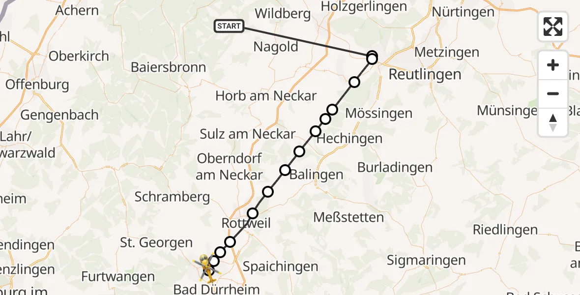 Flugroute Ambulanzhubschrauber Altensteig - DRF Air Rescue Station Villingen-Schwenningen Hubschrauberlandeplatz (Christoph 11), 23 August 2026, 12:34