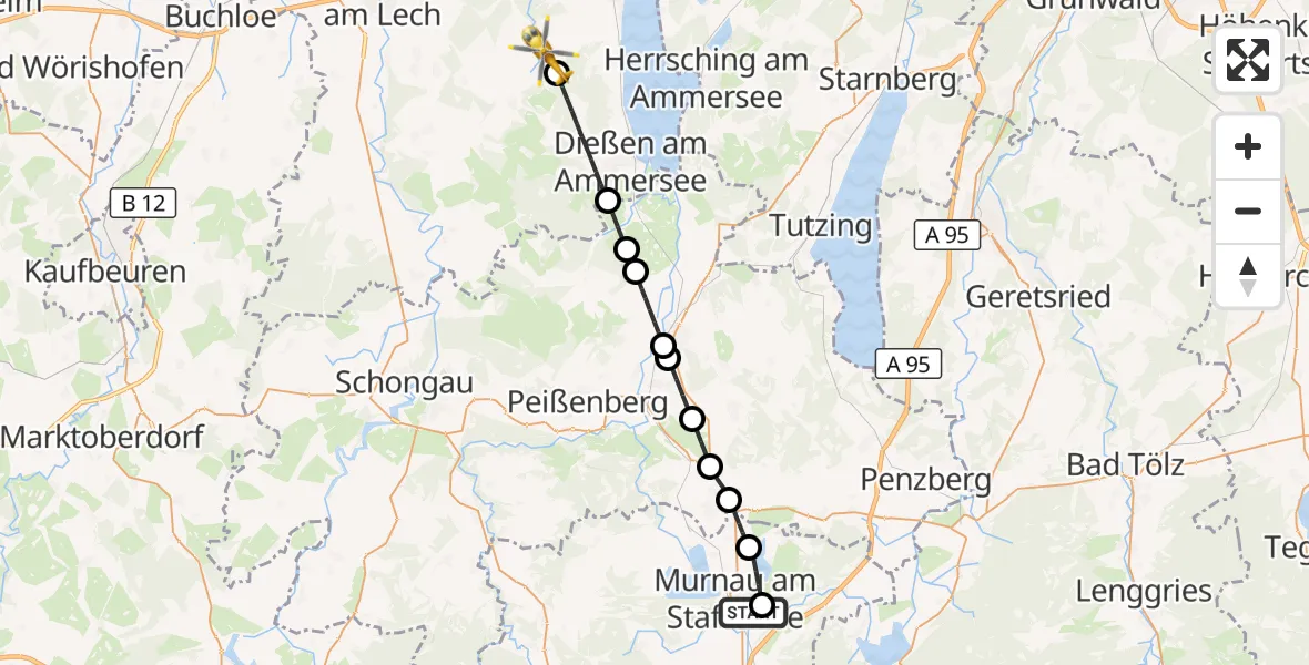 Flugroute Rettungshubschrauber Murnau Accident Hospital - Finning, 23 August 2026, 12:35