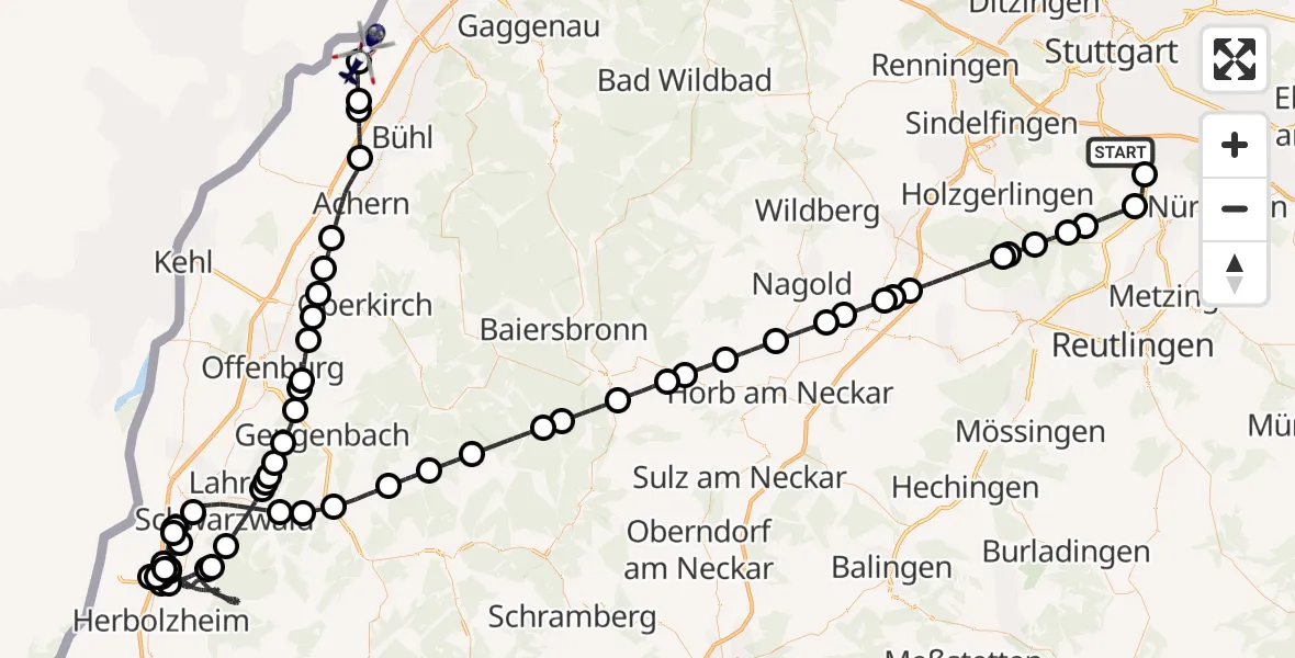 Flugroute Polizeihubschrauber Flughafen Stuttgart - Karlsruhe Baden-Baden Flughafen, 23 August 2026, 12:36