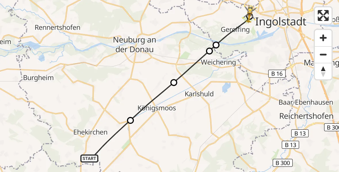 Flugroute Rettungshubschrauber Ehekirchen - Ingolstadt Hospital, 23 August 2026, 12:43