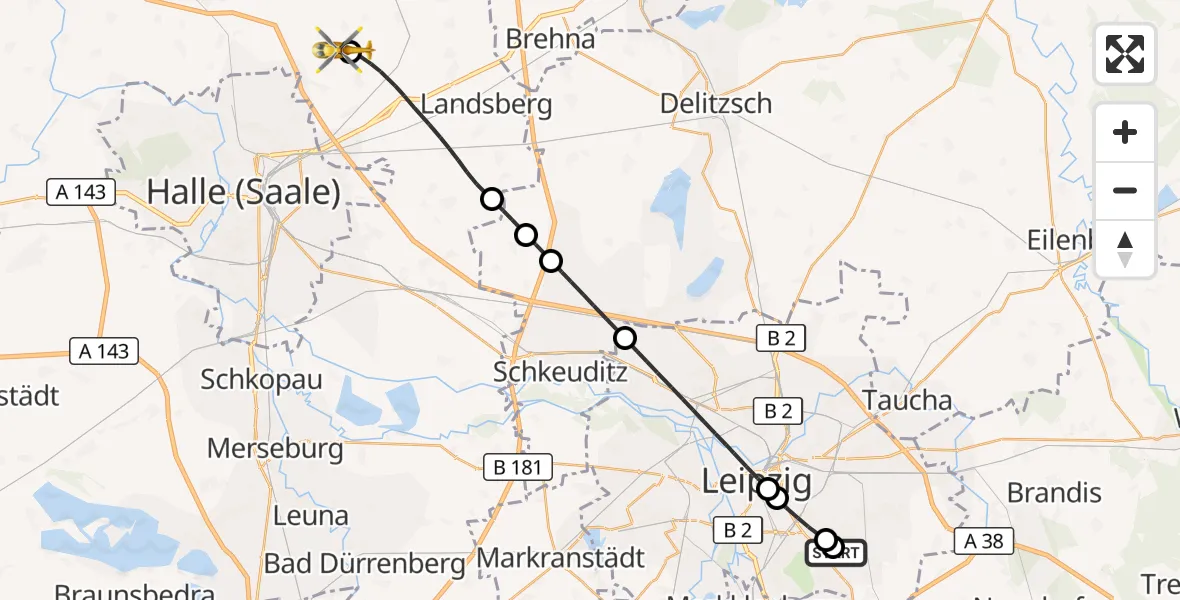 Flugroute Rettungshubschrauber Leipzig Heart Center Ground Hubschrauberlandeplatz - Halle-Oppin Flugplatz, 23 August 2026, 12:44