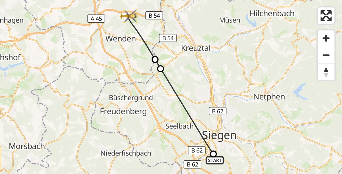 Flugroute Rettungshubschrauber Evangelisches Jung-Stilling Hospital - Wenden, 23 August 2026, 12:47