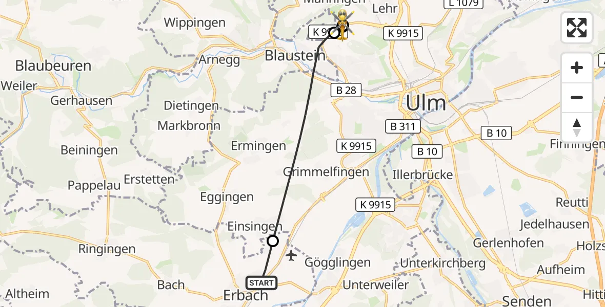 Flugroute Rettungshubschrauber Erbach - ADAC Air Rescue Station Ulm (Christoph 22), 23 August 2026, 12:49