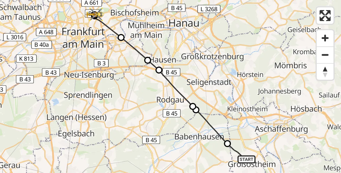 Flugroute Rettungshubschrauber Großostheim - Frankfurt am Main Accident Hospital Roof, 23 August 2026, 12:55