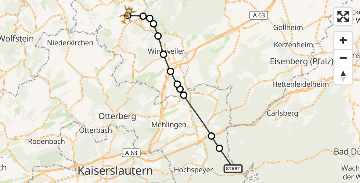 Flugroute Rettungshubschrauber Frankenstein - Rockenhausen, 23 August 2026, 13:02