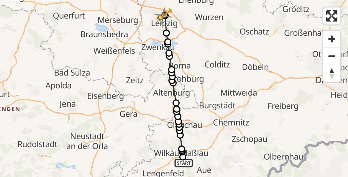 Flugroute Rettungshubschrauber Kirchberg - Sankt George Hospital Leipzig, 23 August 2026, 13:06