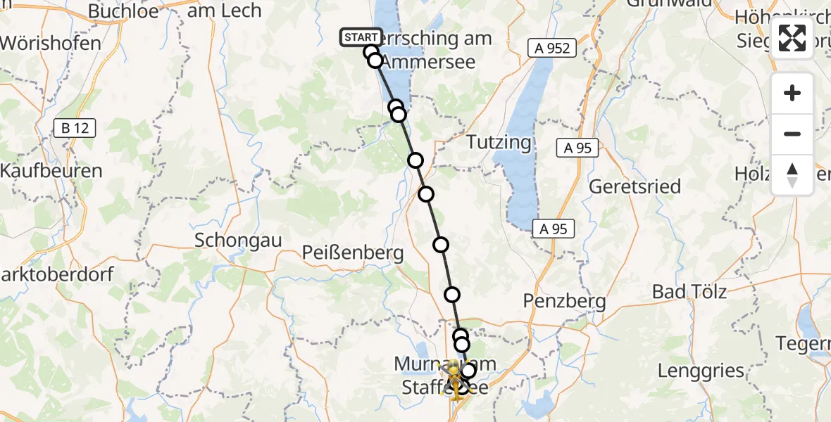 Flugroute Rettungshubschrauber Utting am Ammersee - Murnau Accident Hospital, 23 August 2026, 13:13