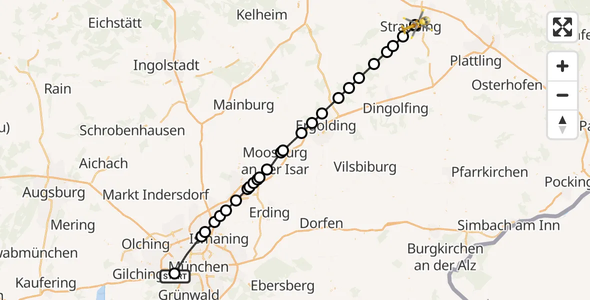 Flugroute Rettungshubschrauber DRF Air Rescue München Hubschrauberlandeplatz - Sankt Elisabeth Hospital Straubing, 23 August 2026, 13:16