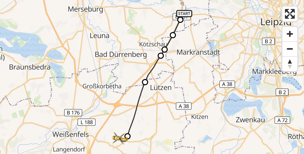 Flugroute Rettungshubschrauber ADAC Air Rescue Station Leipzig/Schkeuditz-Dölzig Hubschrauberlandeplatz (Christoph 61) - Hohenmölsen, 23 August 2026, 13:19