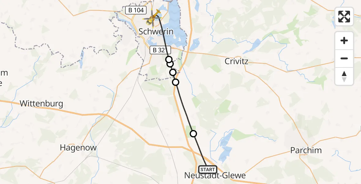 Flugroute Rettungshubschrauber Neustadt-Glewe - Schwerin, 23 August 2026, 13:24