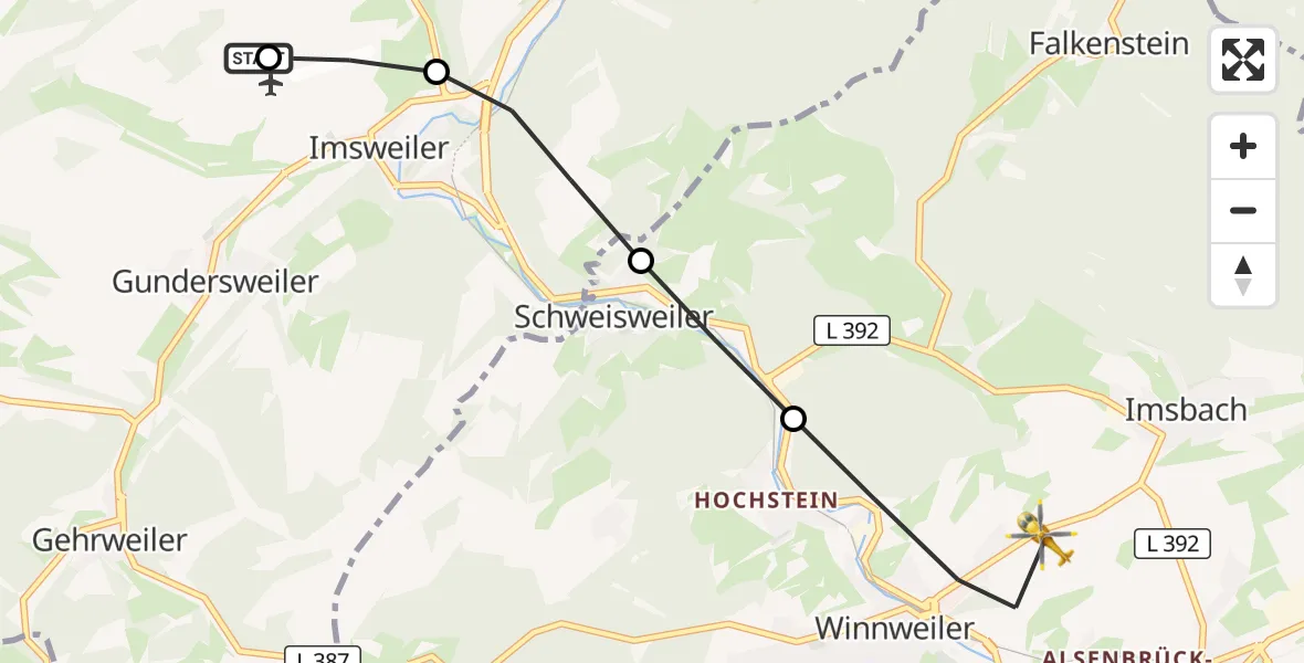 Flugroute Rettungshubschrauber Rockenhausen - Winnweiler, 23 August 2026, 13:29