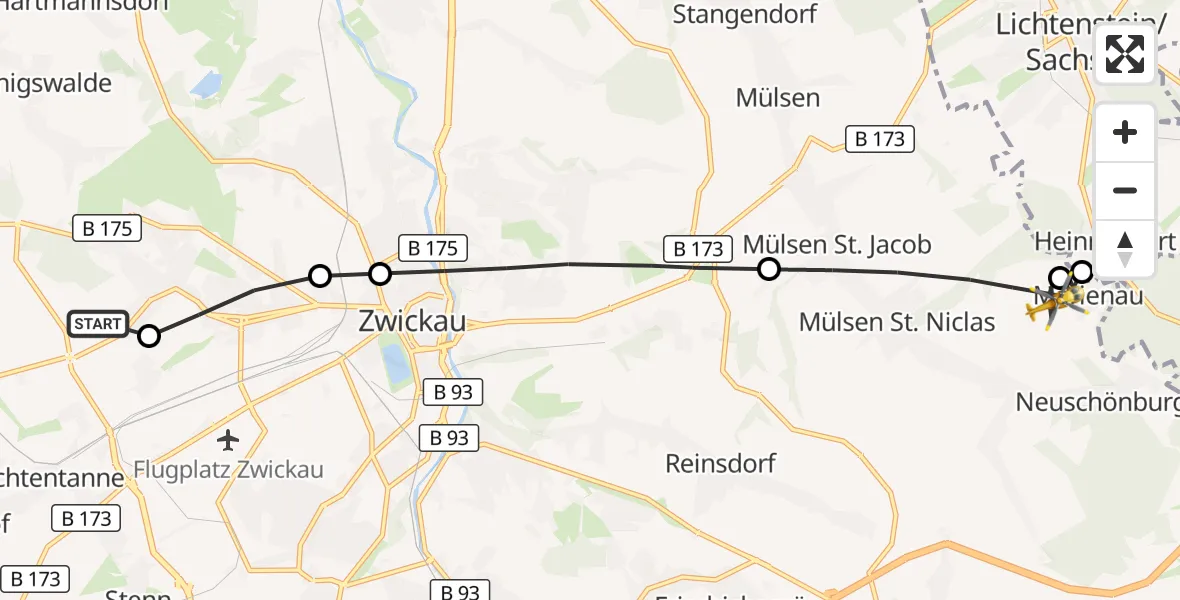 Flugroute Rettungshubschrauber ADAC Air Rescue Station Zwickau Hubschrauberlandeplatz - Mülsen, 23 August 2026, 13:33
