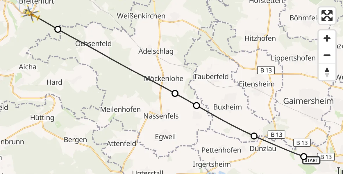 Flugroute Rettungshubschrauber Ingolstadt Hospital - Dollnstein, 23 August 2026, 13:37