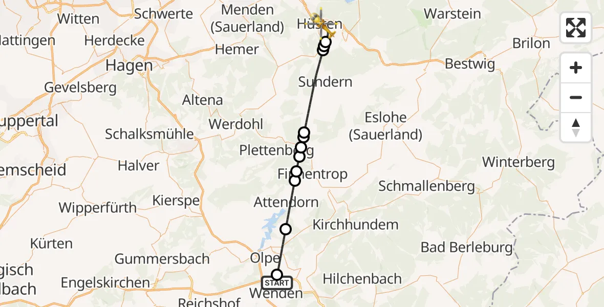 Flugroute Rettungshubschrauber Wenden - Arnsberg, 23 August 2026, 13:38