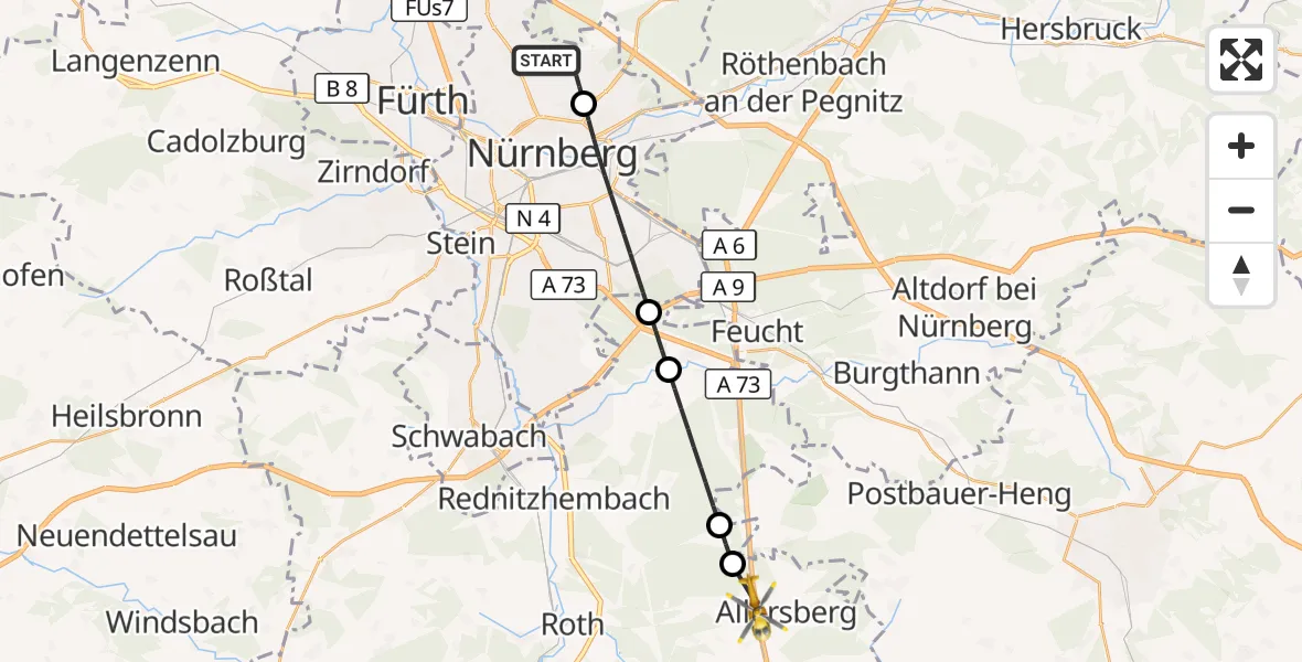 Flugroute Rettungshubschrauber Flughafen Nuremberg - Allersberg, 23 August 2026, 13:42