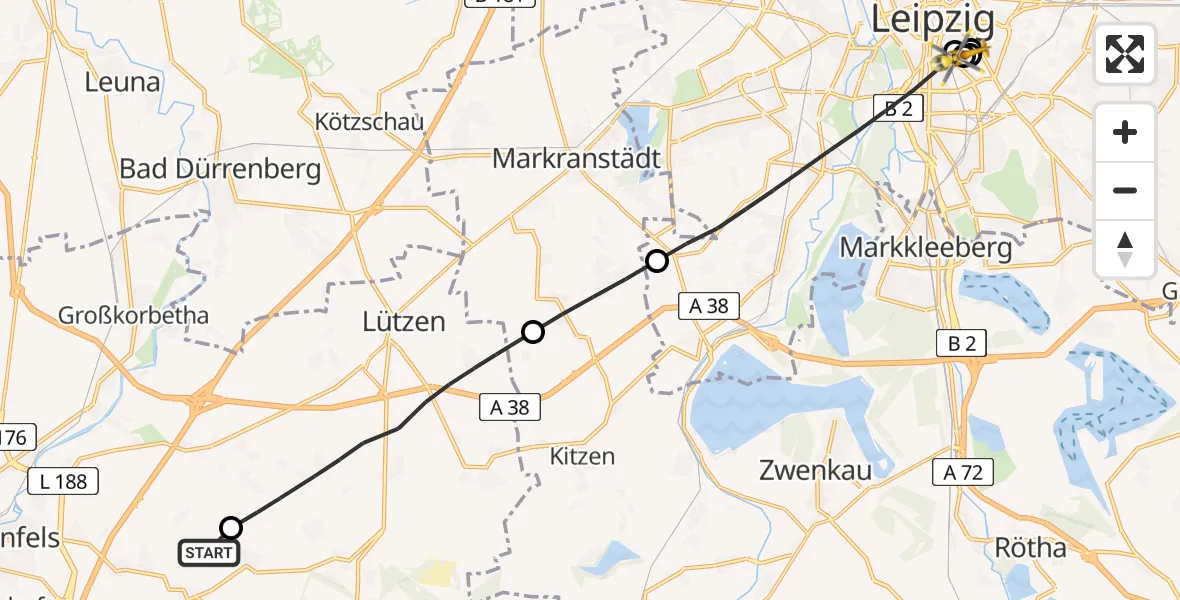 Flugroute Rettungshubschrauber Hohenmölsen - Leipzig University Hospital Heliport 1, 23 August 2026, 13:49