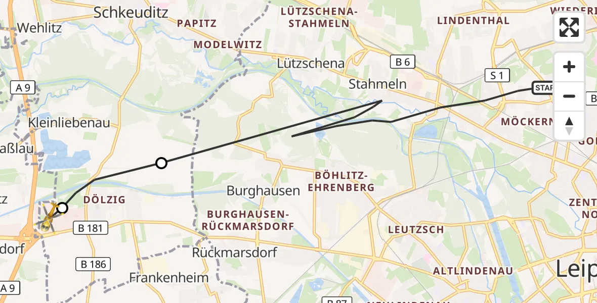 Flugroute Rettungshubschrauber Leipzig - ADAC Air Rescue Station Leipzig/Schkeuditz-Dölzig Hubschrauberlandeplatz (Christoph 61), 23 August 2026, 13:50
