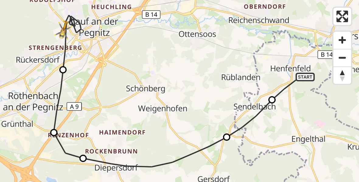 Flugroute Ambulanzhubschrauber Henfenfeld - Lauf a.d.Pegnitz, 23 August 2026, 13:53