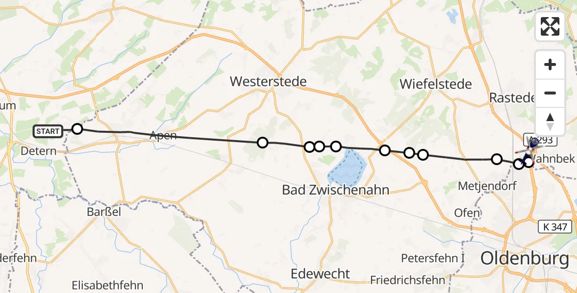 Flugroute Polizeihubschrauber Detern - Rastede, 23 August 2026, 13:59