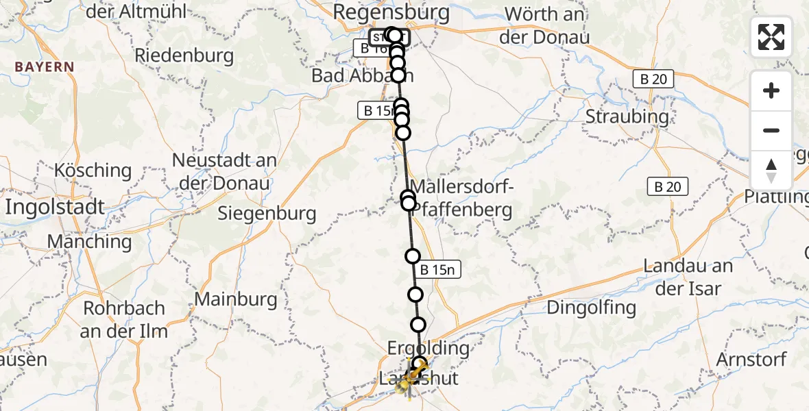 Flugroute Rettungshubschrauber DRF Air Rescue Station Regensburg / Regensburg University Hospital - Landshut Hospital, 23 August 2026, 14:05