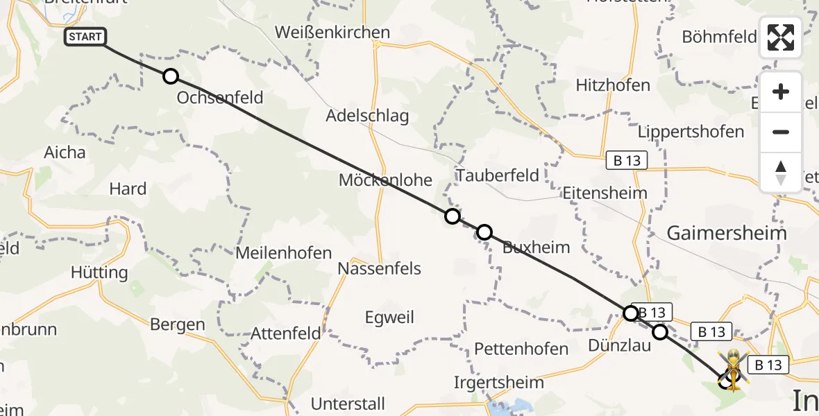 Flugroute Rettungshubschrauber Dollnstein - Ingolstadt Hospital, 23 August 2026, 14:18