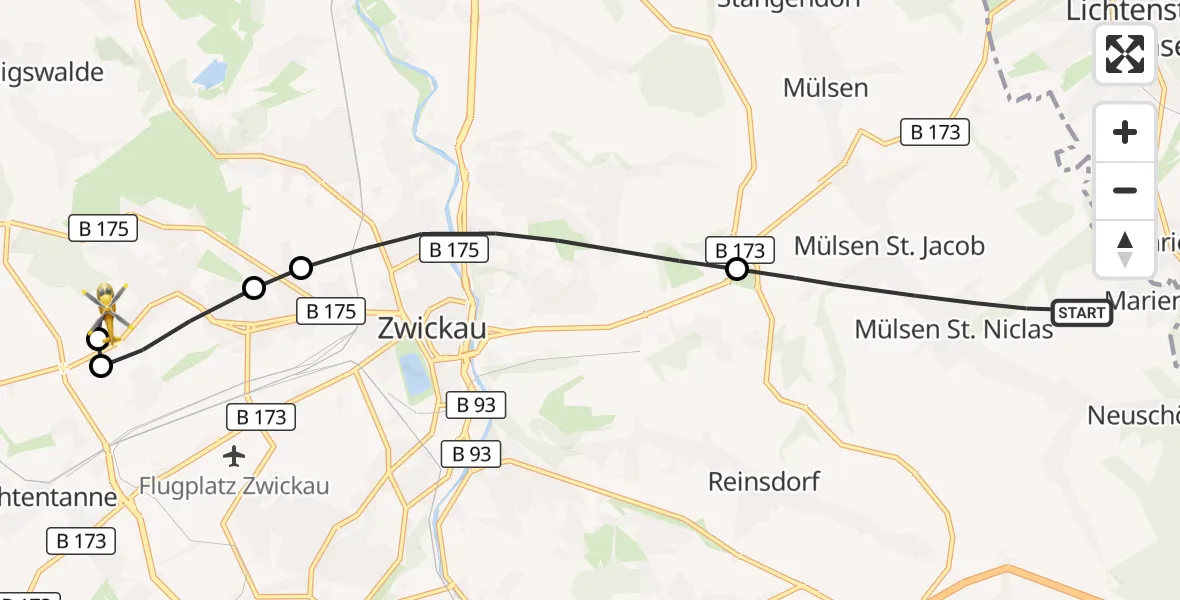 Flugroute Rettungshubschrauber Mülsen - ADAC Air Rescue Station Zwickau Hubschrauberlandeplatz, 23 August 2026, 14:18