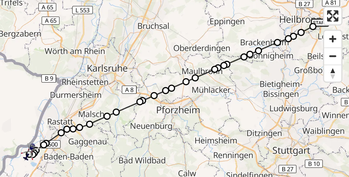 Flugroute Polizeihubschrauber Weinsberg - Karlsruhe Baden-Baden Flughafen, 23 August 2026, 14:25