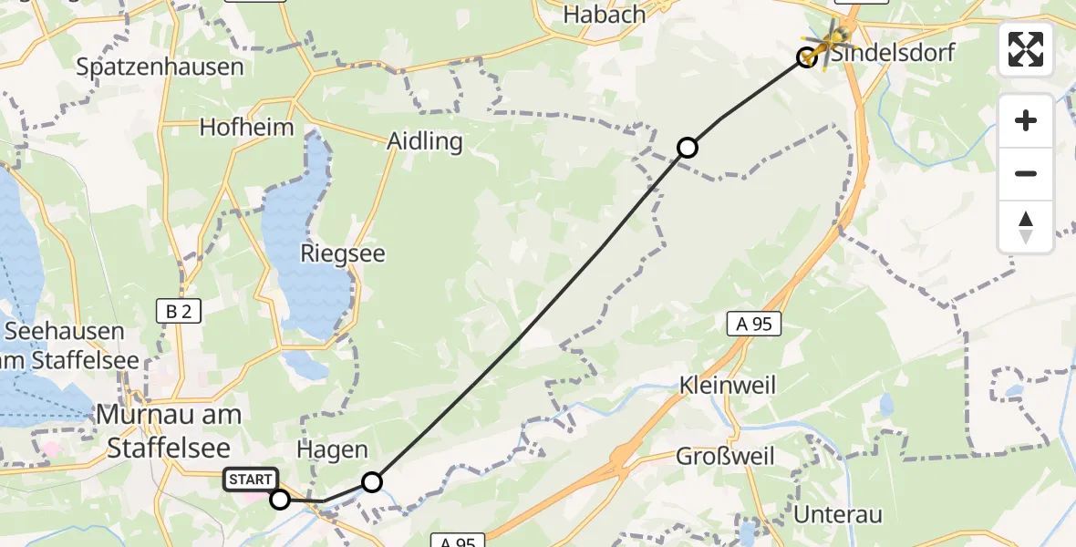 Flugroute Rettungshubschrauber Murnau Accident Hospital - Sindelsdorf, 23 August 2026, 14:33