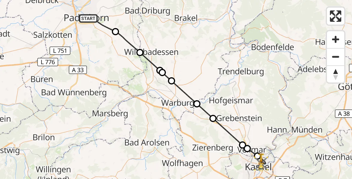 Flugroute Ambulanzhubschrauber Paderborn - Kassel, 23 August 2026, 14:34