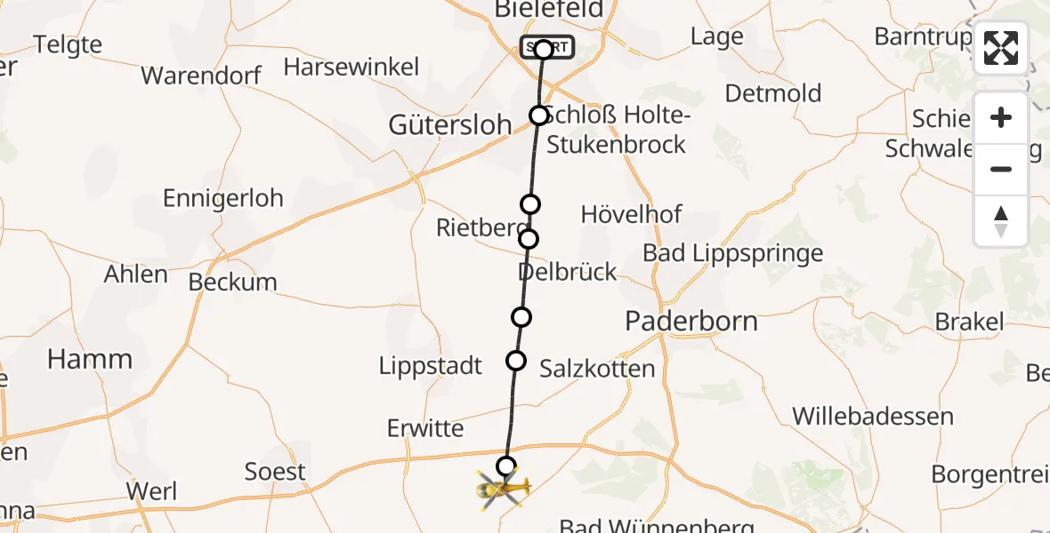 Flugroute Rettungshubschrauber Luftrettungszentrum Bielefeld - Rüthen, 23 August 2026, 14:40