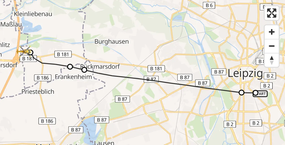 Flugroute Rettungshubschrauber Leipzig University Hospital Heliport 1 - ADAC Air Rescue Station Leipzig/Schkeuditz-Dölzig Hubschrauberlandeplatz (Christoph 61), 23 August 2026, 14:47