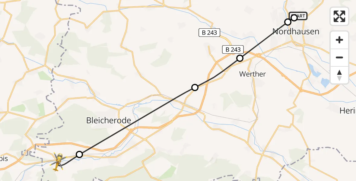 Flugroute Rettungshubschrauber Südharz Hospital Nordhausen - Sollstedt, 23 August 2026, 14:53