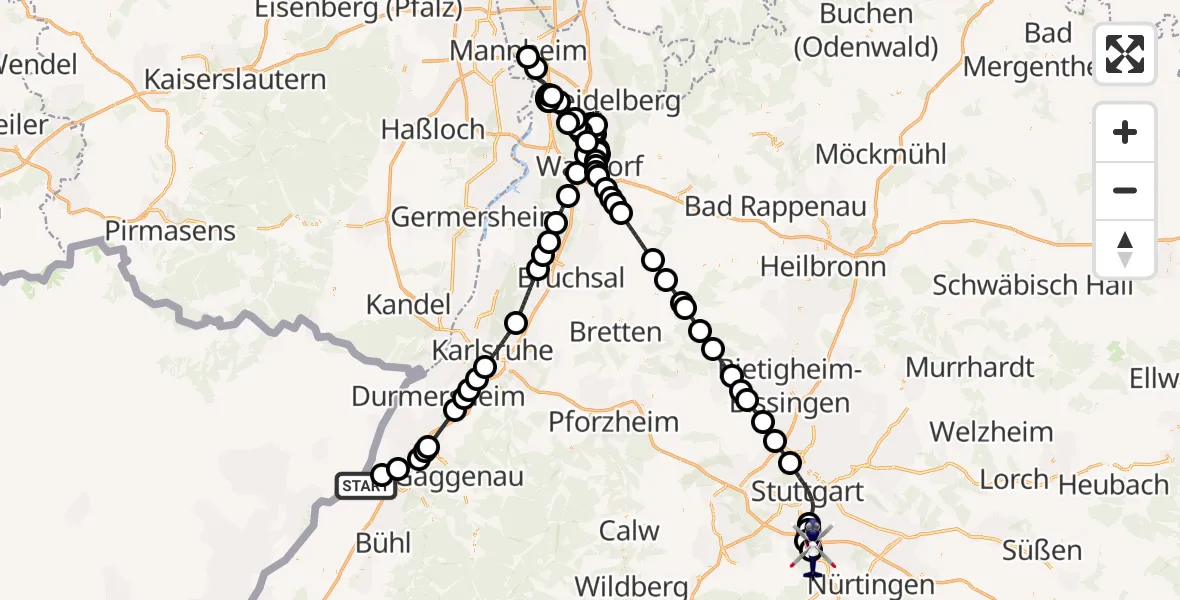 Flugroute Polizeihubschrauber Hügelsheim - Flughafen Stuttgart, 23 August 2026, 14:53