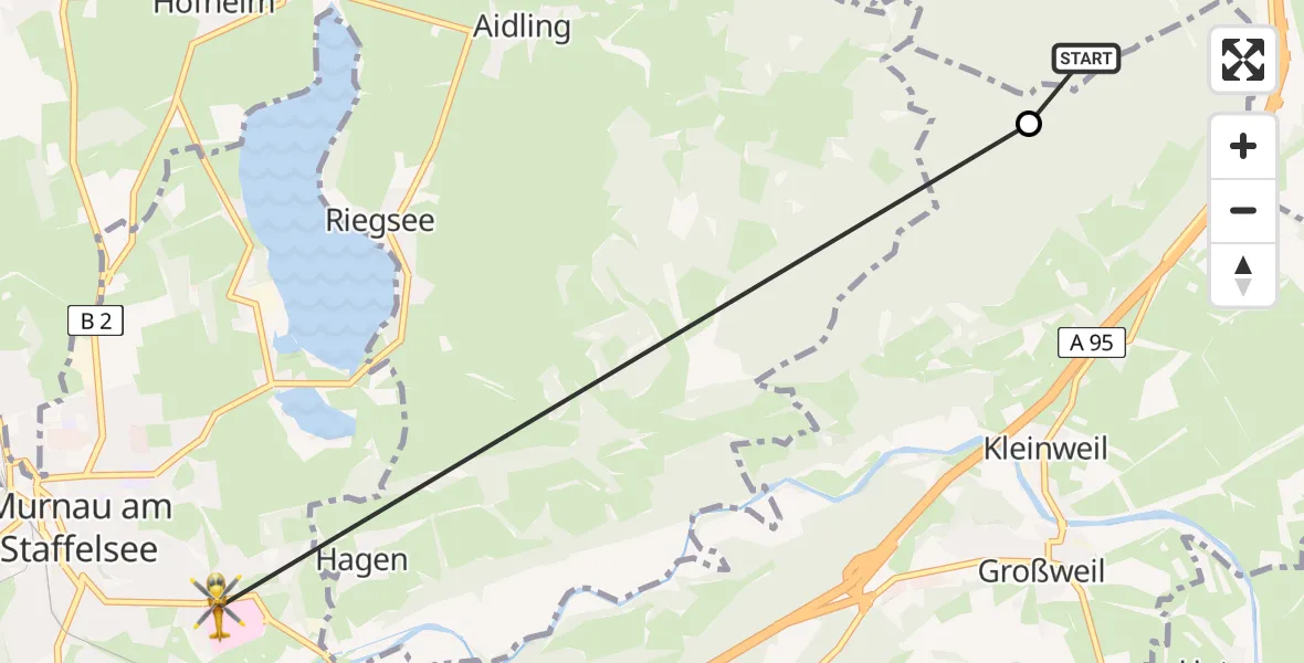 Flugroute Rettungshubschrauber Sindelsdorf - Murnau Accident Hospital, 23 August 2026, 14:57