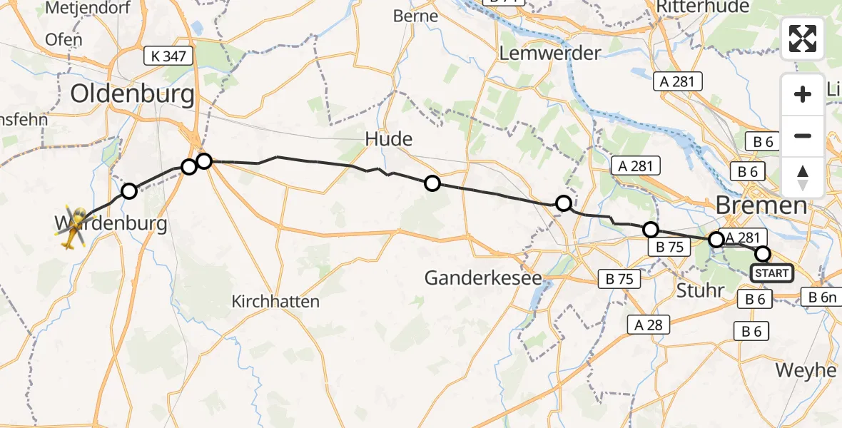 Flugroute Rettungshubschrauber ADAC Air Rescue Station Bremen Hubschrauberlandeplatz (Christoph 6) - Wardenburg, 23 August 2026, 15:03