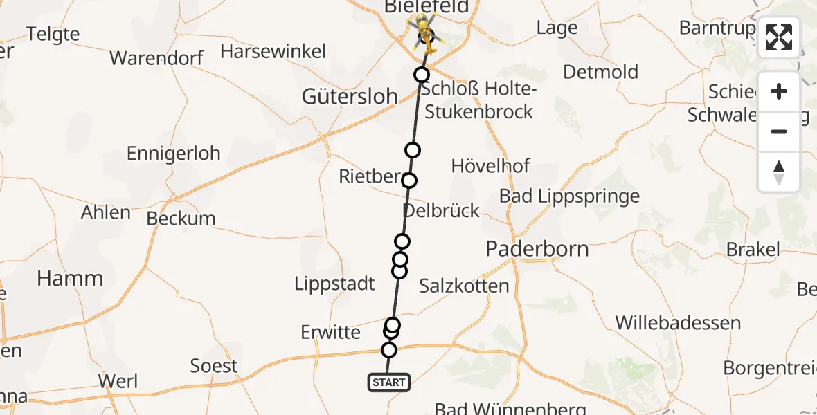 Flugroute Rettungshubschrauber Rüthen - Luftrettungszentrum Bielefeld, 23 August 2026, 15:08