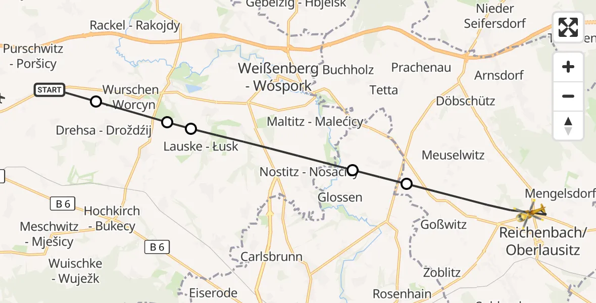 Flugroute Rettungshubschrauber Kubschütz - Reichenbach/O.L., 23 August 2026, 15:14