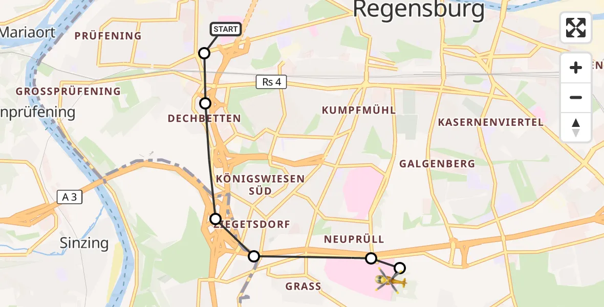 Flugroute Rettungshubschrauber Barmherzige Brüder (Brothers of Mercy) Hospital Regensburg - DRF Air Rescue Station Regensburg / Regensburg University Hospital, 23 August 2026, 15:18