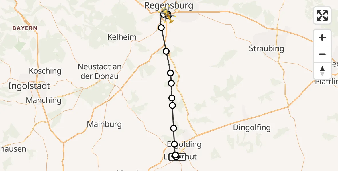 Flugroute Rettungshubschrauber Landshut Hospital - DRF Air Rescue Station Regensburg / Regensburg University Hospital, 23 August 2026, 15:25