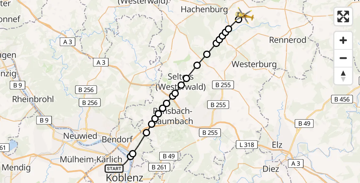 Flugroute Rettungshubschrauber Koblenz - Bad Marienberg (Westerwald), 23 August 2026, 15:29
