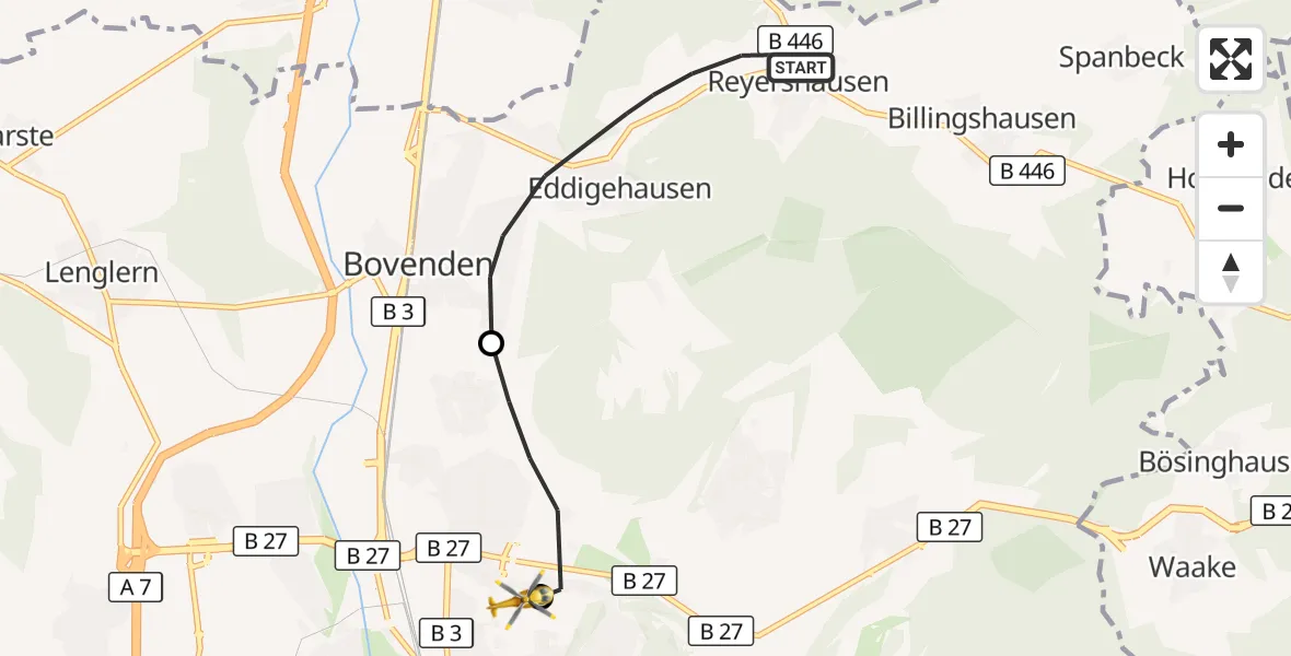 Flugroute Rettungshubschrauber Bovenden - Göttingen University Clinic Hubschrauberlandeplatz, 23 August 2026, 15:31