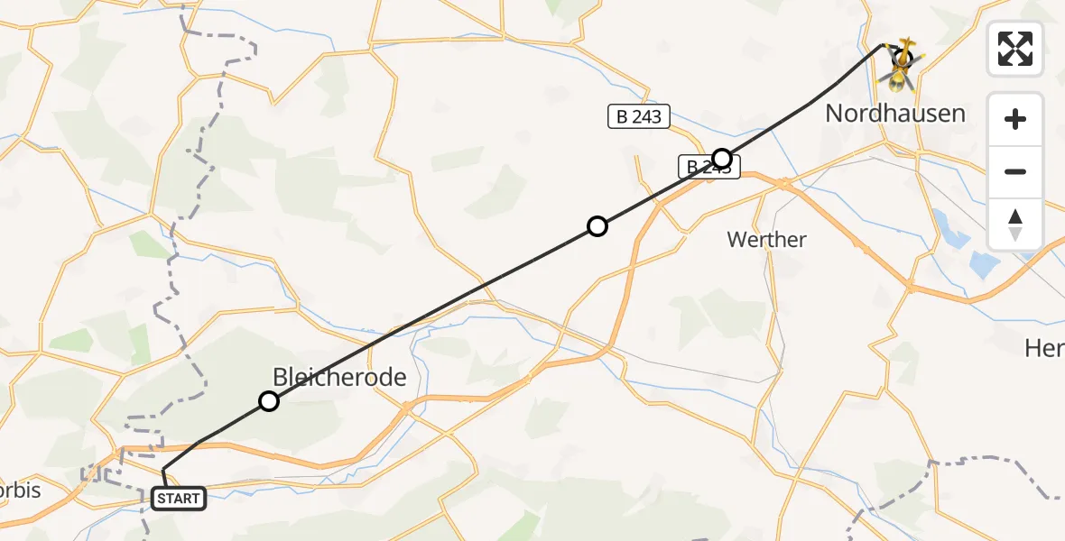 Flugroute Rettungshubschrauber Sollstedt - Südharz Hospital Nordhausen, 23 August 2026, 15:31