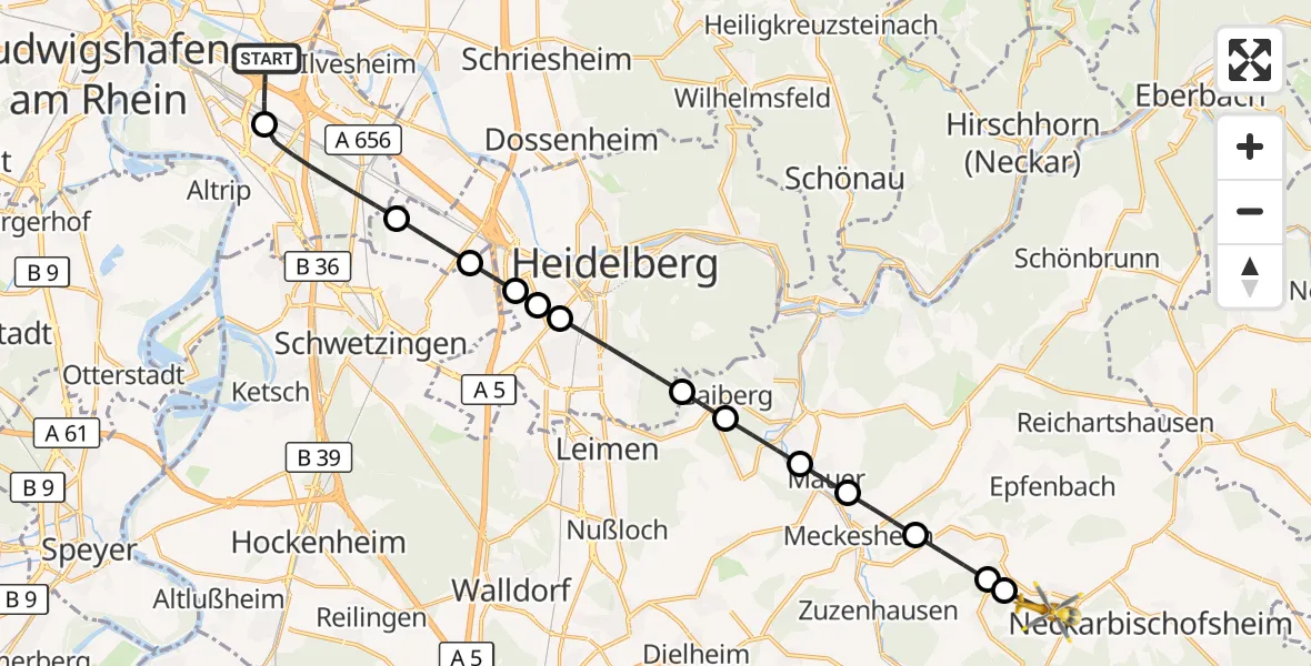 Flugroute Rettungshubschrauber Mannheim-City Flughafen - Waibstadt, 23 August 2026, 15:38