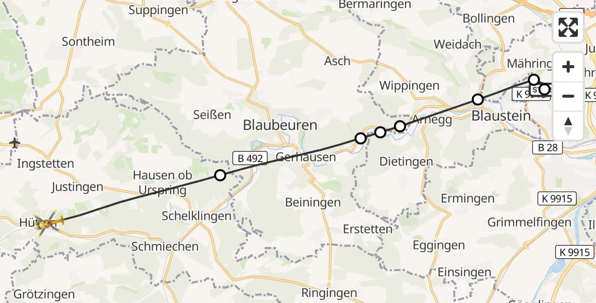Flugroute Rettungshubschrauber Ulm Military Hospital Emergency - Schelklingen, 23 August 2026, 15:43
