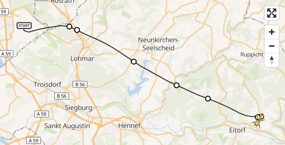 Flugroute Rettungshubschrauber Köln Bonn Flughafen - Eitorf, 23 August 2026, 15:47