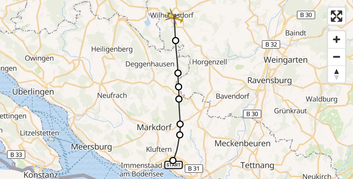 Flugroute Rettungshubschrauber Friedrichshafen Hospital - Wilhelmsdorf, 23 August 2026, 15:53